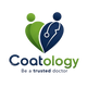 A logo for Coatology featuring a heart shape formed by green and navy blue abstract figures, with a white stethoscope detail and the text 'Coatology Be a trusted doctor' below on a white background.